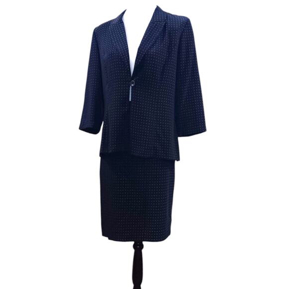 VINTAGE Dressbarn 2-Piece Skirt Top Set Navy Blue Pink Dots Large Career Dressy - Picture 9 of 14